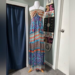Hale Bob Blue Orange Blue Morocco-A-Go-Go Silk Halter Maxi Dress Cruise Wear